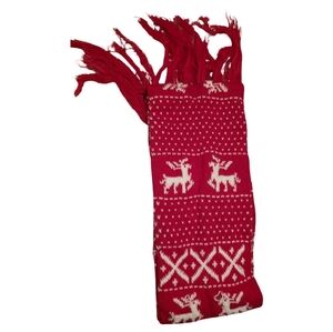 Red Knit Reindeer Holiday Scarf 68 Inch Winter Fringe Fair Isle Pattern